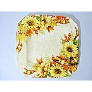 Coventry Harvest Yellow Daisy Square Plate Ceramic Autumn Plaid Ribbon 11-in Sq.